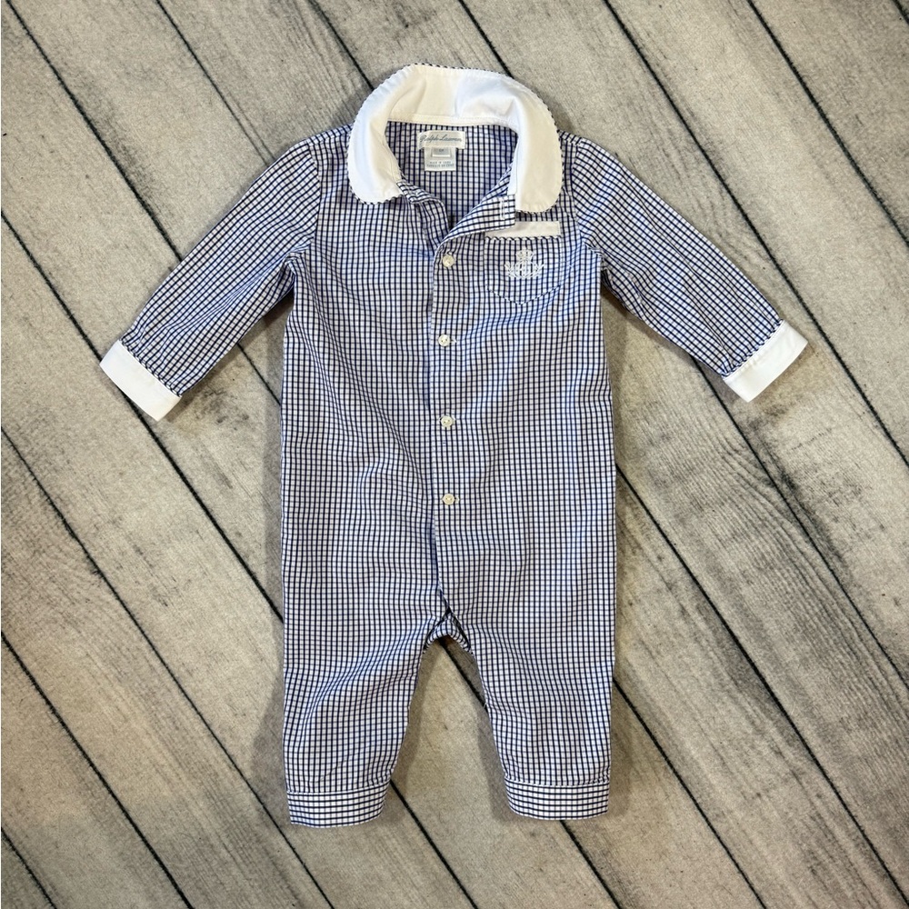 Ralph Lauren Baby Boys One Piece, Collared Outfit, Sz. 6M, Blue and White, EUC!